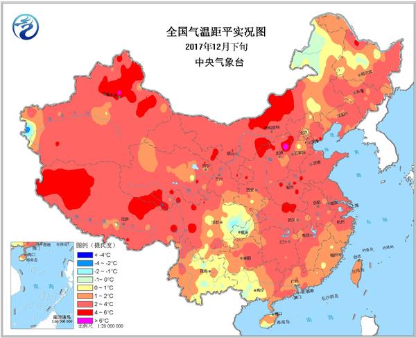 12月下旬,除西南部分地区,全国大部气温明显偏高