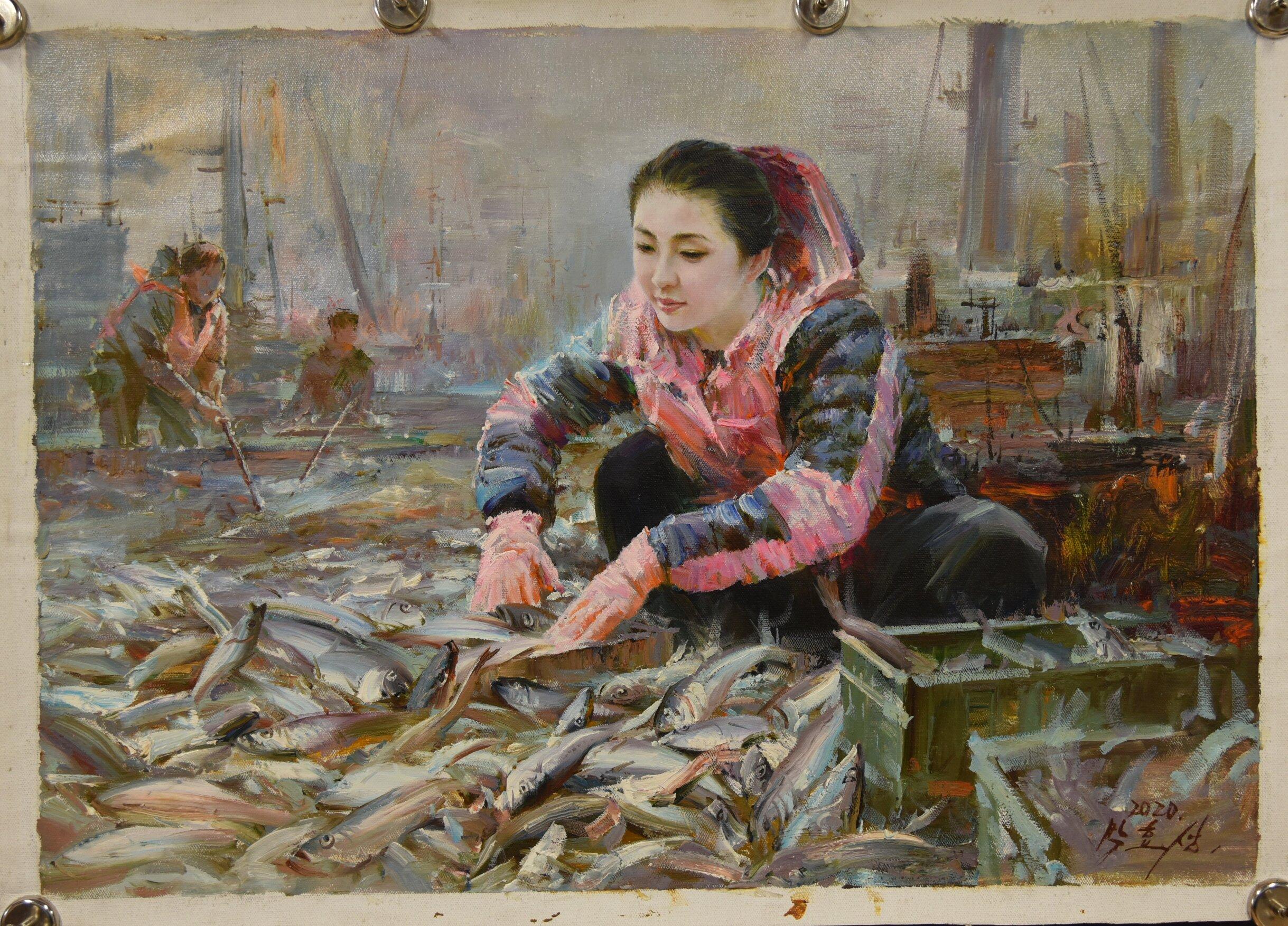 朝鲜画家创作基地 的想法: 朝鲜人物油画《收获满满》