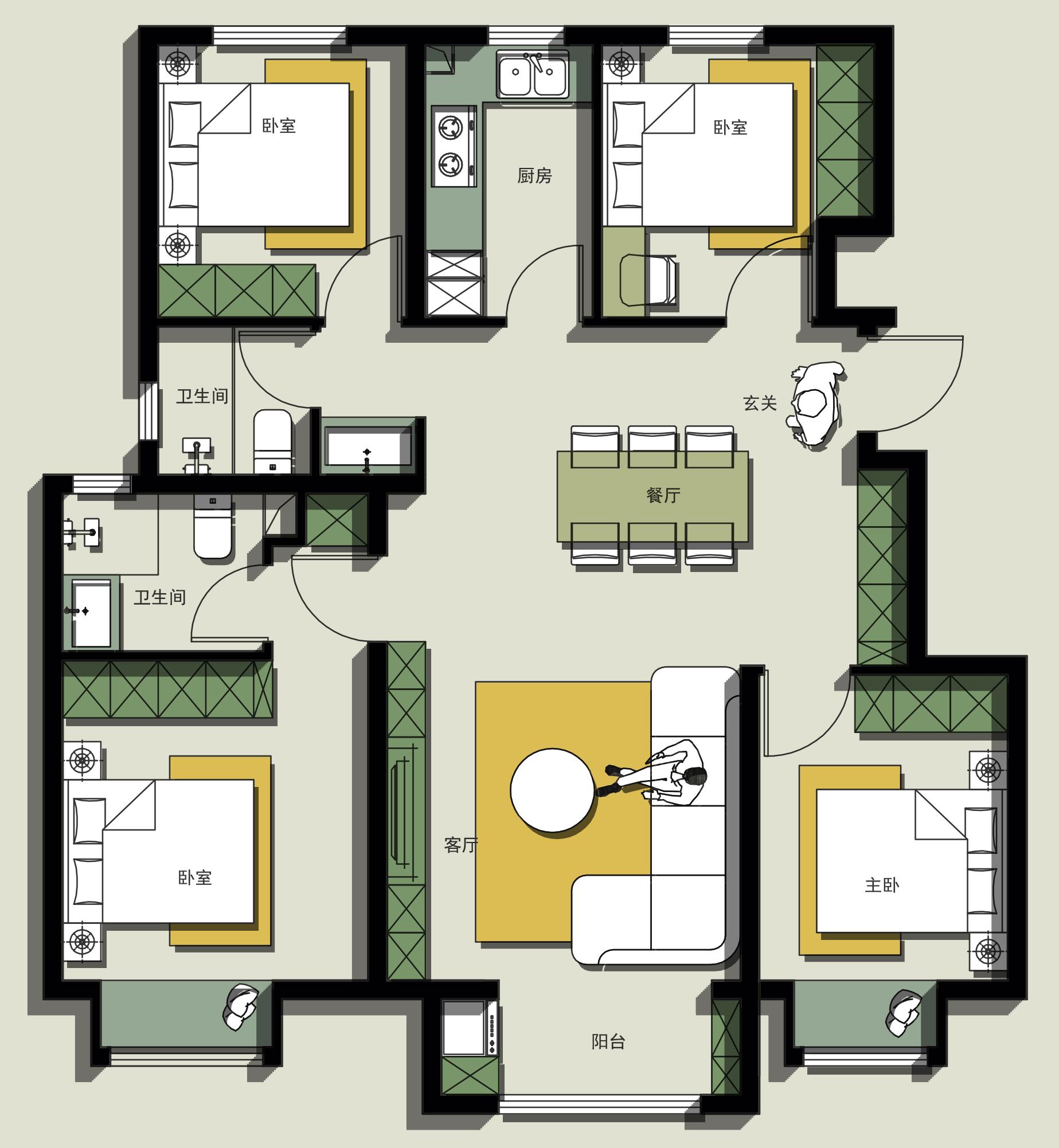 结构是四室两厅一厨两卫,整体的布局的空间尺寸都是常规的尺寸,房间的