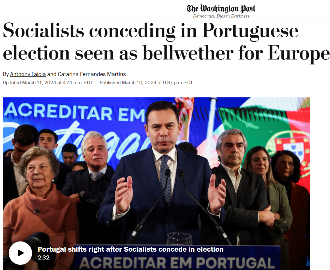 葡萄牙选举失利的社会党被视为欧洲的领头羊华盛顿邮