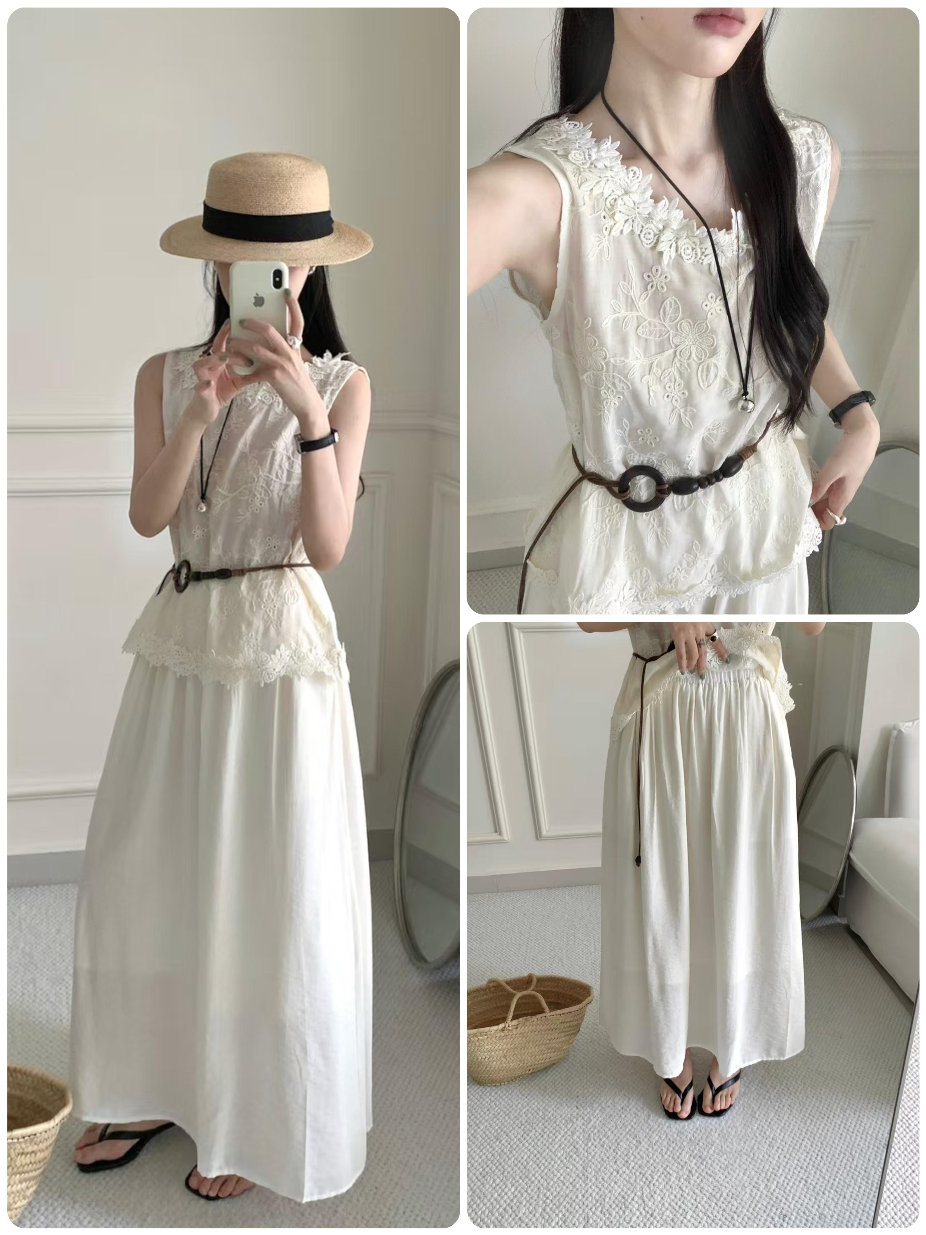 look 1:钩花刺绣上衣➕天丝半裙,超级适合海边度假的穿搭!