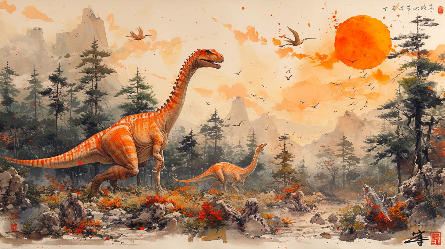 叶梓aigc 的想法: 水墨恐龙 | 当中国水墨画遇到侏罗纪的恐龙 br>