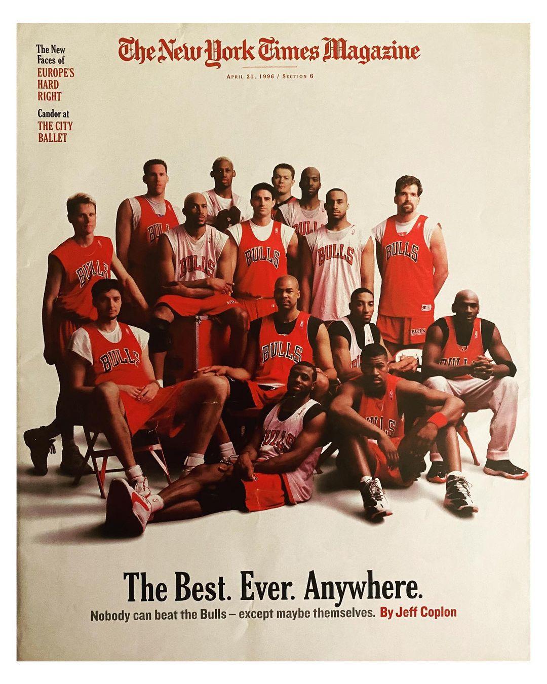 第一张是1995-96赛季公牛队的全家福,配文:the best ever an