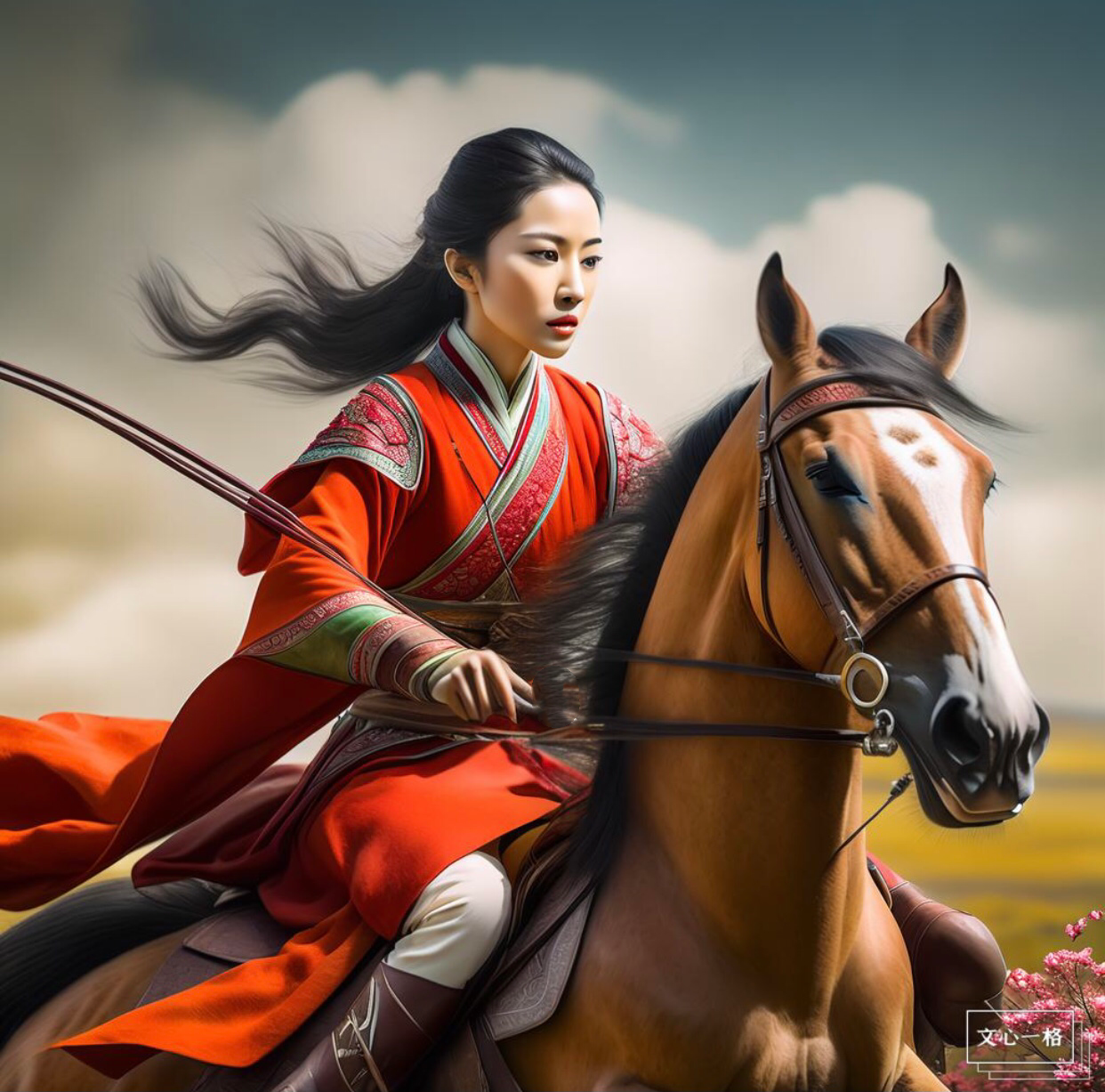 prompt:花木兰,英姿飒爽,中国古代南北朝时期服饰,骑马奔驰,高清高
