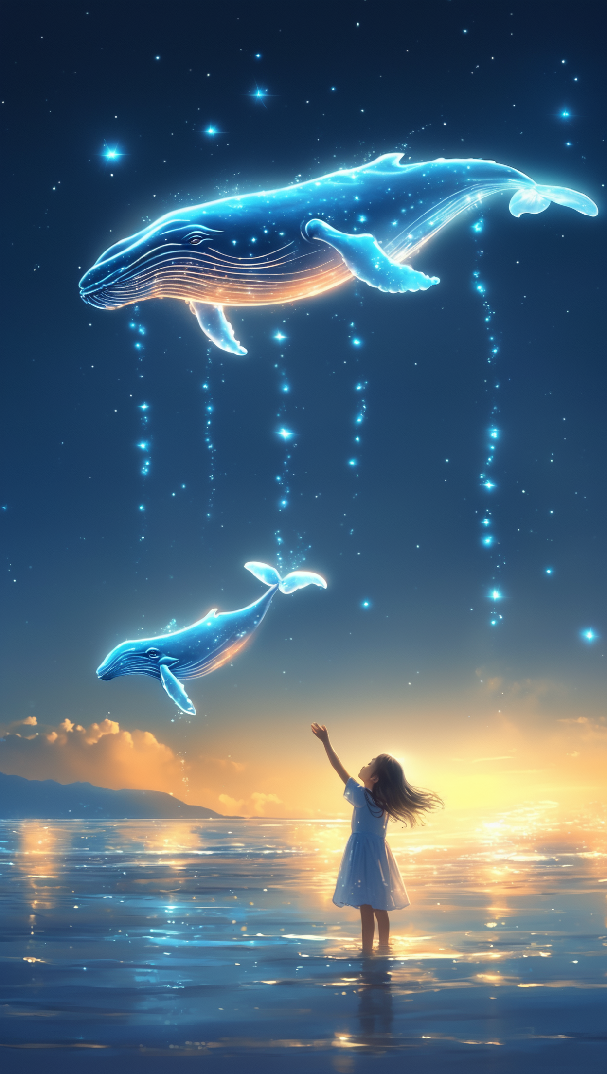 女孩孤身站在海边仰望着那无尽的夜空天空中漂浮着巨大的发光的鲸鱼