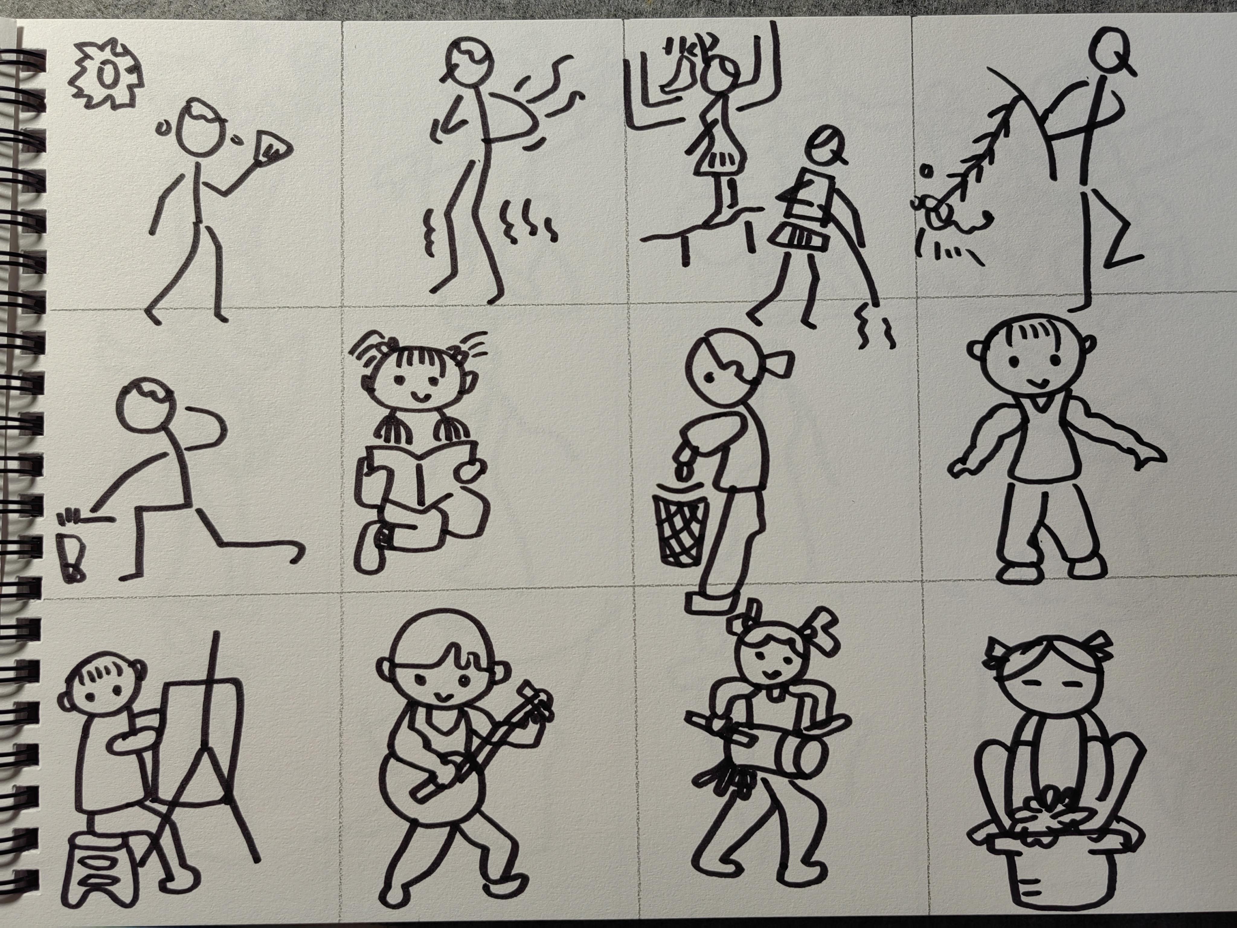 西西 的想法: 超级简单的兴趣爱好简笔画～ br>跳绳,打鼓,吹笛子,画画