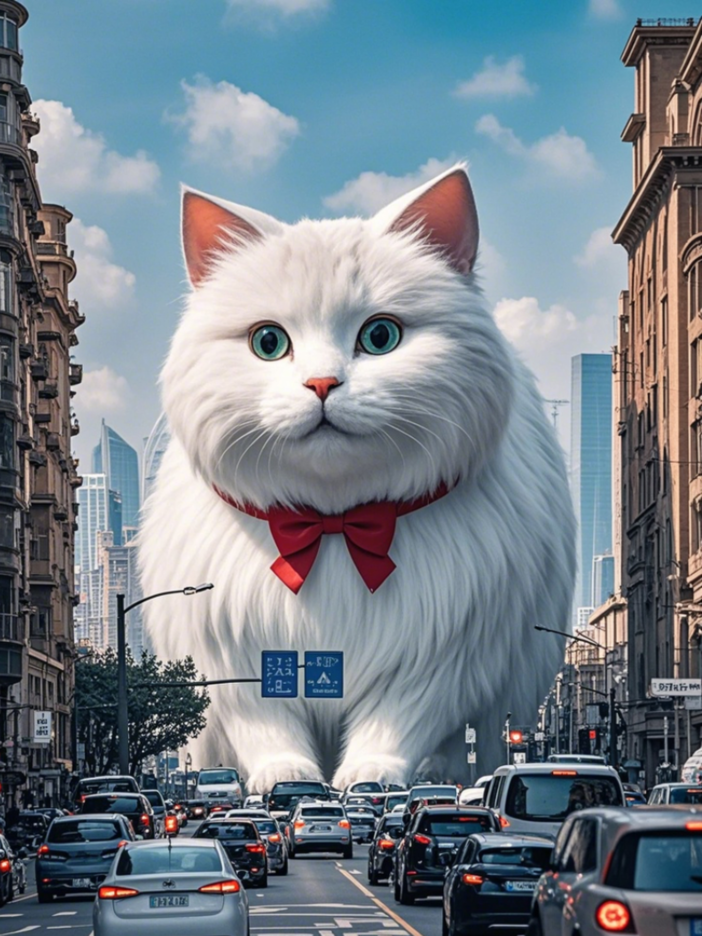 百灵 的想法: ai绘画练习,一只巨大的猫咪躺在街道上