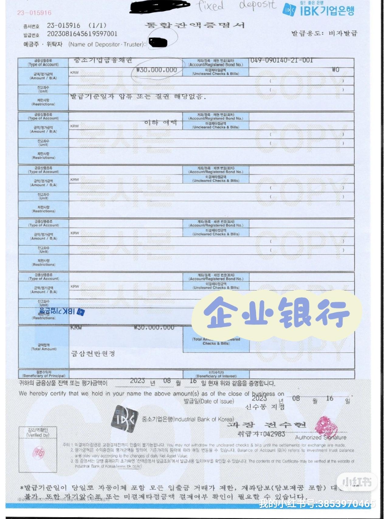的想法: 韩国存款证明