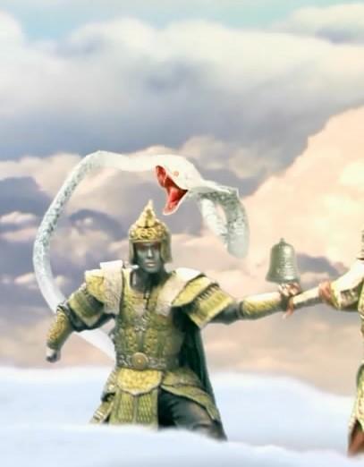 西方广目天王,手缠一赤龙(也有的作赤索).