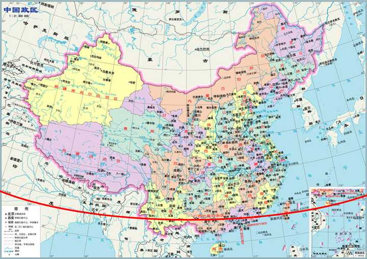 这幅中国地图上的红线就是北回归线的大致位置(画得有点偏,见谅),大家
