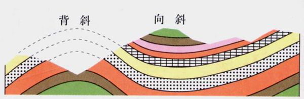 如图,背斜呈隧道状,而向斜为向下,所以向斜不适合挖隧道.
