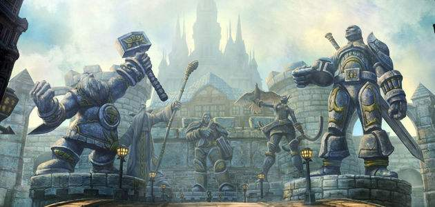 图为暴风城正门英雄谷,正中间为图拉杨石像,由乌瑟尔亲自题词纪念