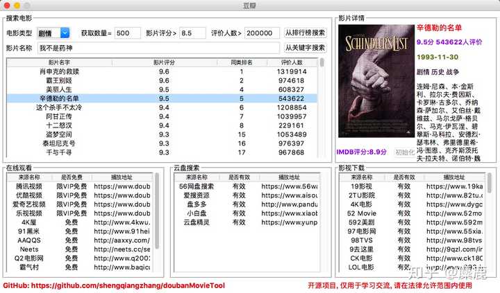 包含功能 根据关键字搜索电影 根据排行榜(top250)搜索电影 显示imdb评分及其