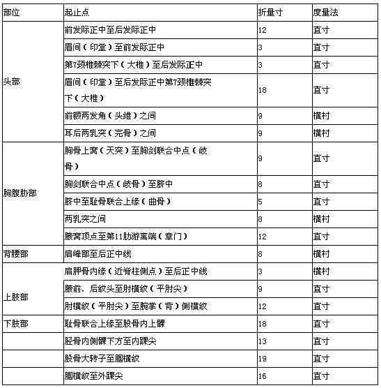 骨度分寸法尺寸列表