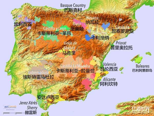 中可以看到西班牙多山地少平原,原谅我拿一张红酒产区地图来做地势图