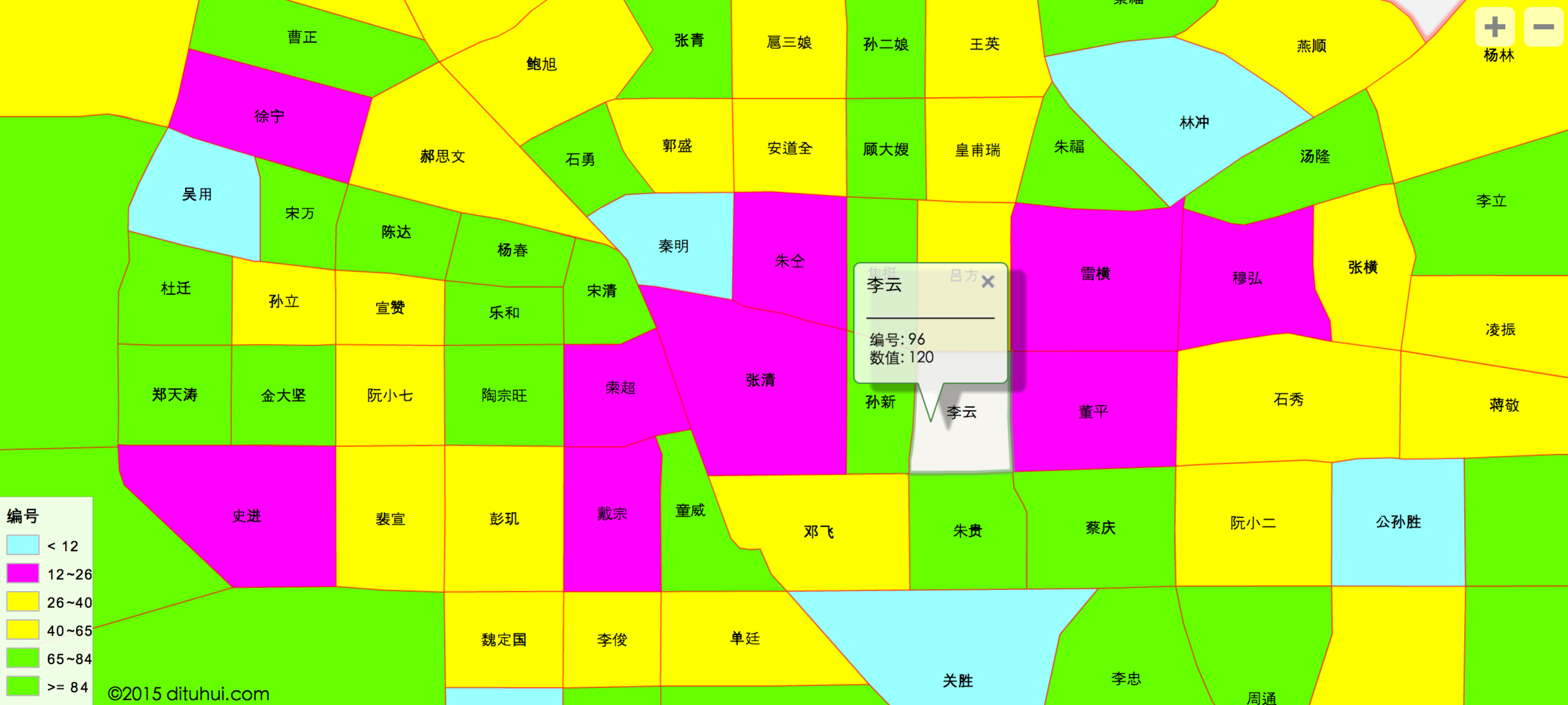 完成製圖後,還可添加業務數據,製作顏色,柱狀,餅狀等專題地圖.