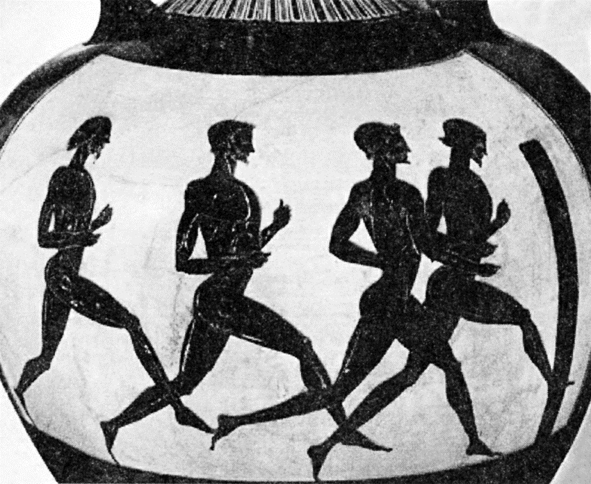 古希腊人爱好跑步,在奥林匹亚阿尔菲斯河岸的岩壁上保留着古希腊人的