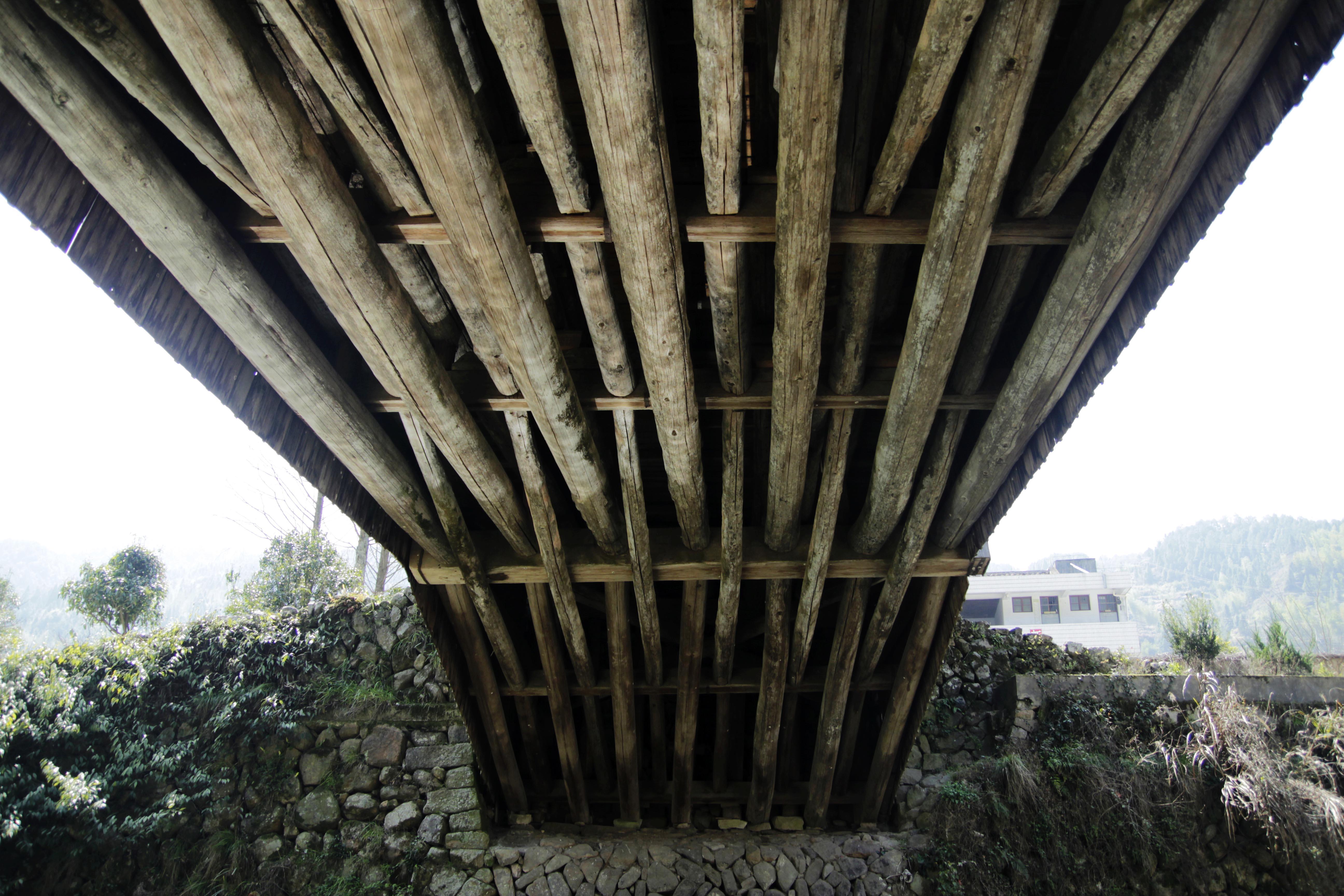 桥底看重要承力的大木拱。