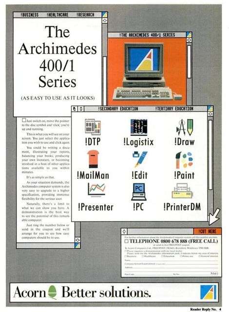 1987年6月，Acorn发布Acorn Archimedes台式电脑，第一款RISC处理器家用电脑