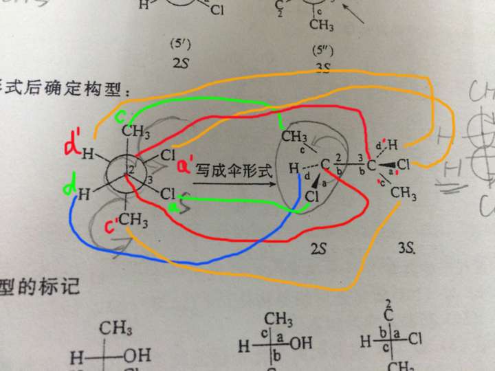 圖片中將紐曼投影式轉為傘式為什麼是這麼變化,尤其是h.cl.