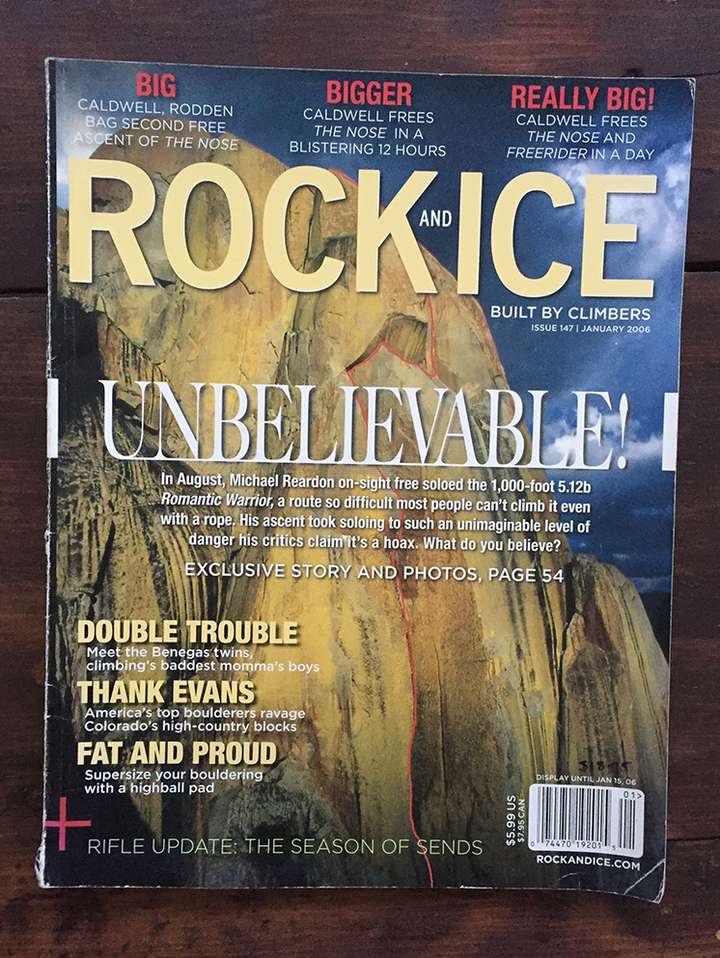 2006 年   月的《rock and ice》杂志,封面是迈克无保护攀爬的线路"