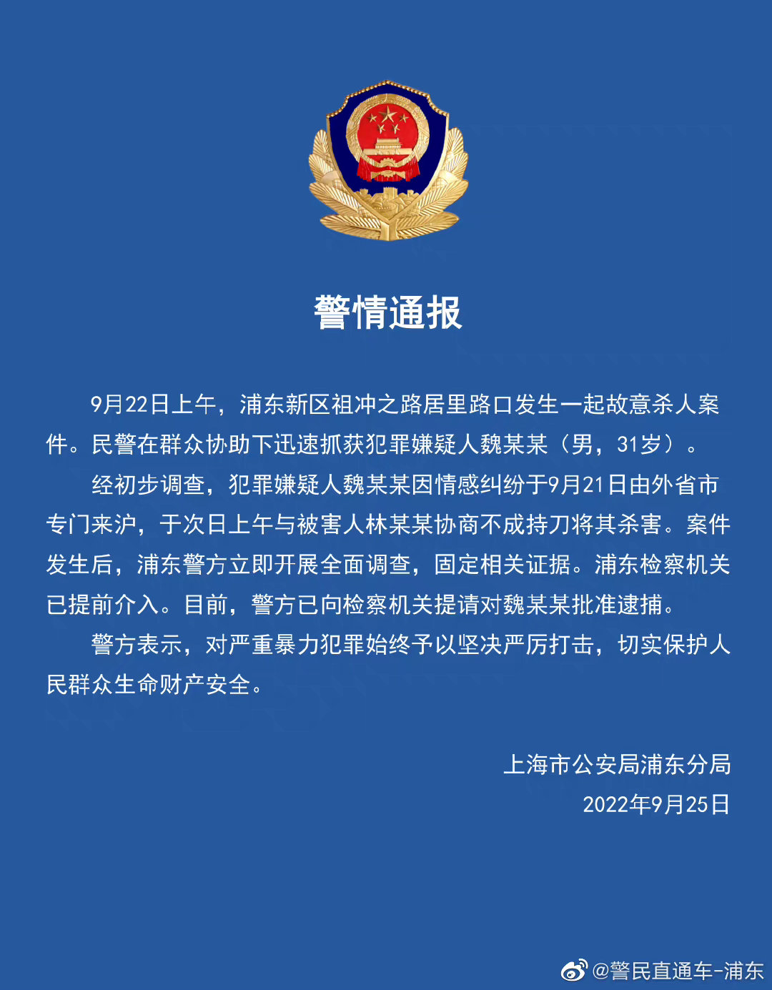 上海警方通报浦东新区发生一起故意杀人案，犯罪嫌疑人已被抓获，具体情况如何？他将承担哪些法律责任？