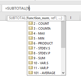 excel函数subtotal9和109