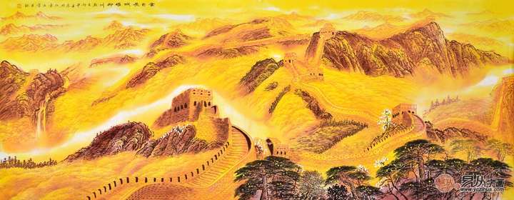 龙抬头之步步高升 王宁国画长城作品《金色长城耀神州》