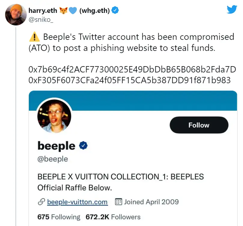 Hackers compromise Beeple's Twitter to post Louis Vuitton phishing