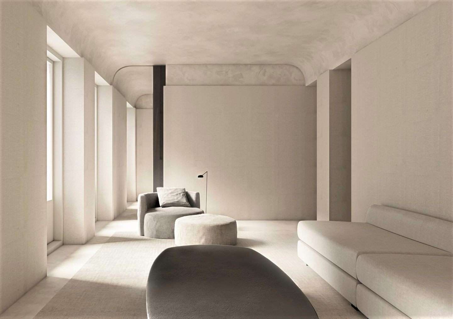 深零设计师姚工 的想法: 极简侘寂风 微水泥打底 弧形吊顶中和侘寂