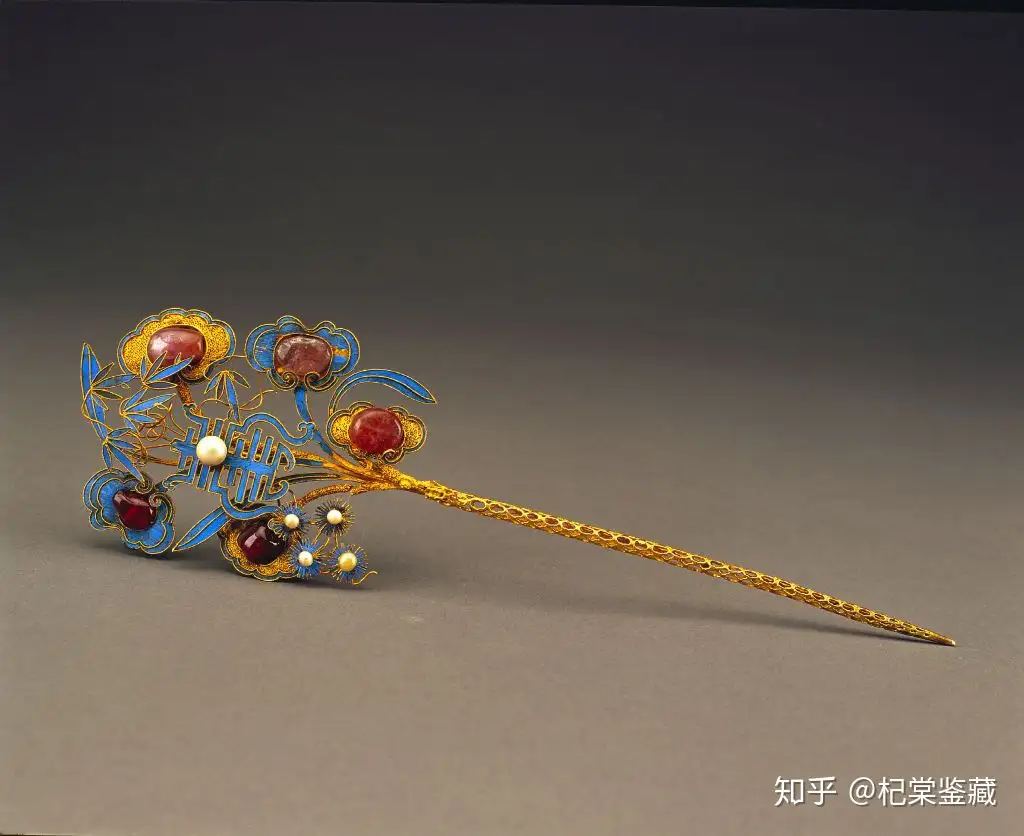 第一ネット ▽鴻▽清朝時代 銀塗金 点翠 象嵌宝石福寿紋髪簪 時代物 