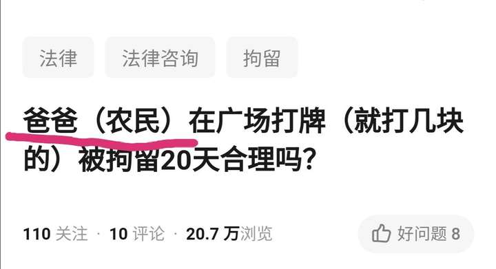 爸爸(农民)在广场打牌(就打几块的)被拘留20天合理吗?
