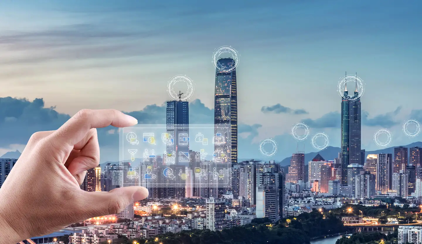 手指触碰虚拟屏幕，城市背景中高楼耸立，图中展现了智慧城市概念，科技元素与现代建筑结合，象征未来科技发展。
