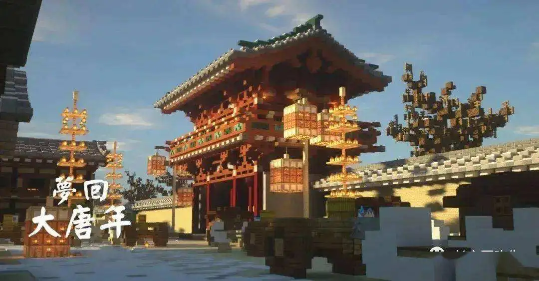这是一张《我的世界》游戏中的截图，展示了一个具有中国古典建筑风格的结构，周围环境被雪覆盖，显得格外宁静。