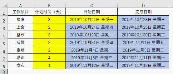 excel计算时间函数以及如何计算项目的开始和完成日期