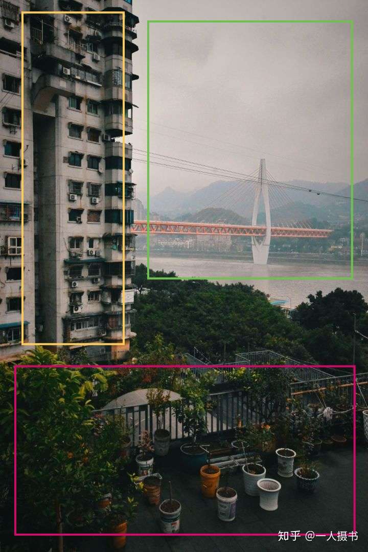 前景平台,中景楼,远景桥梁和山.