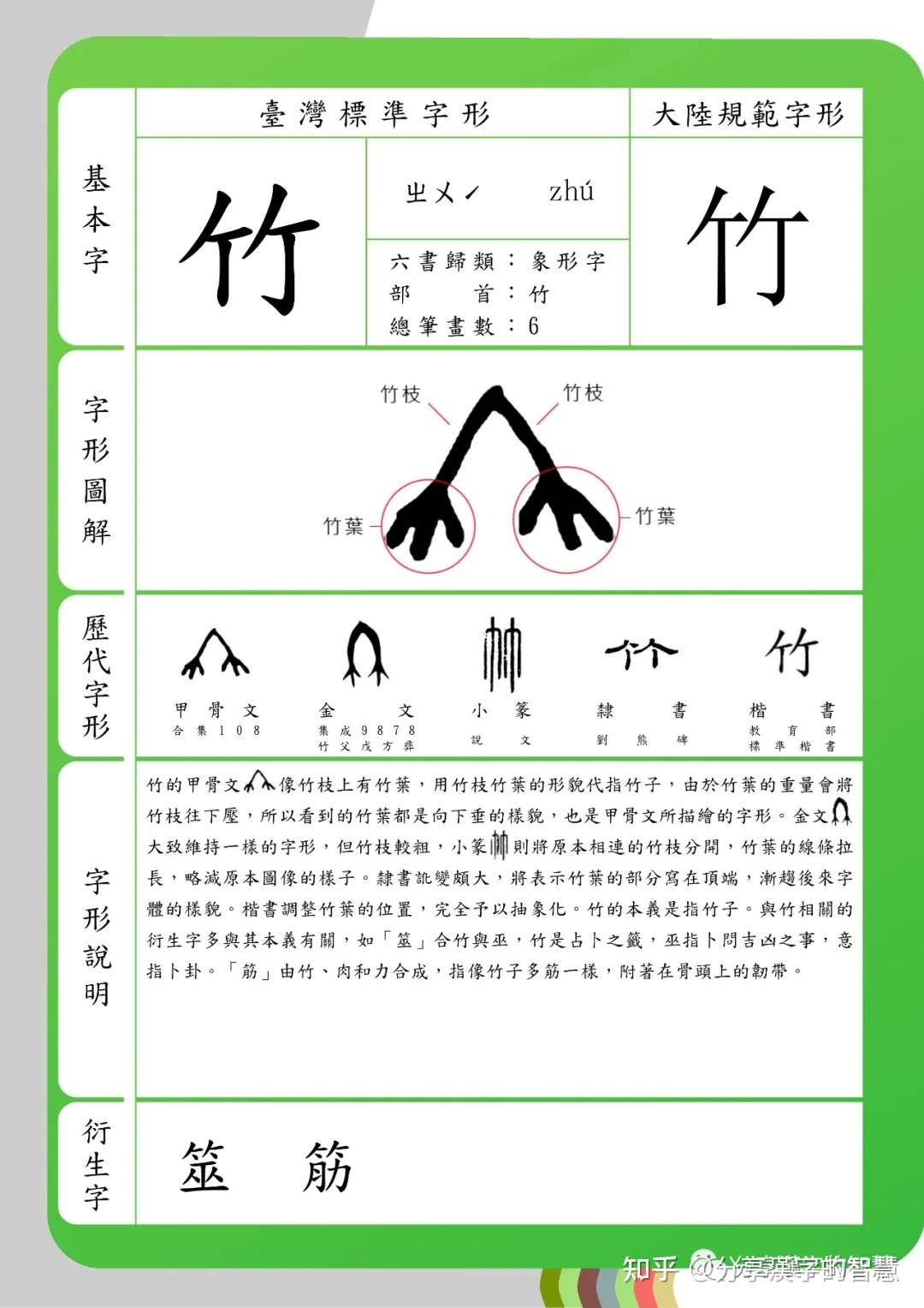 分享漢字的智慧 之 竹 字 说文解字 竹 冬生艸也 象形 下垂者 箁箬也 凡竹之屬皆从竹 知乎