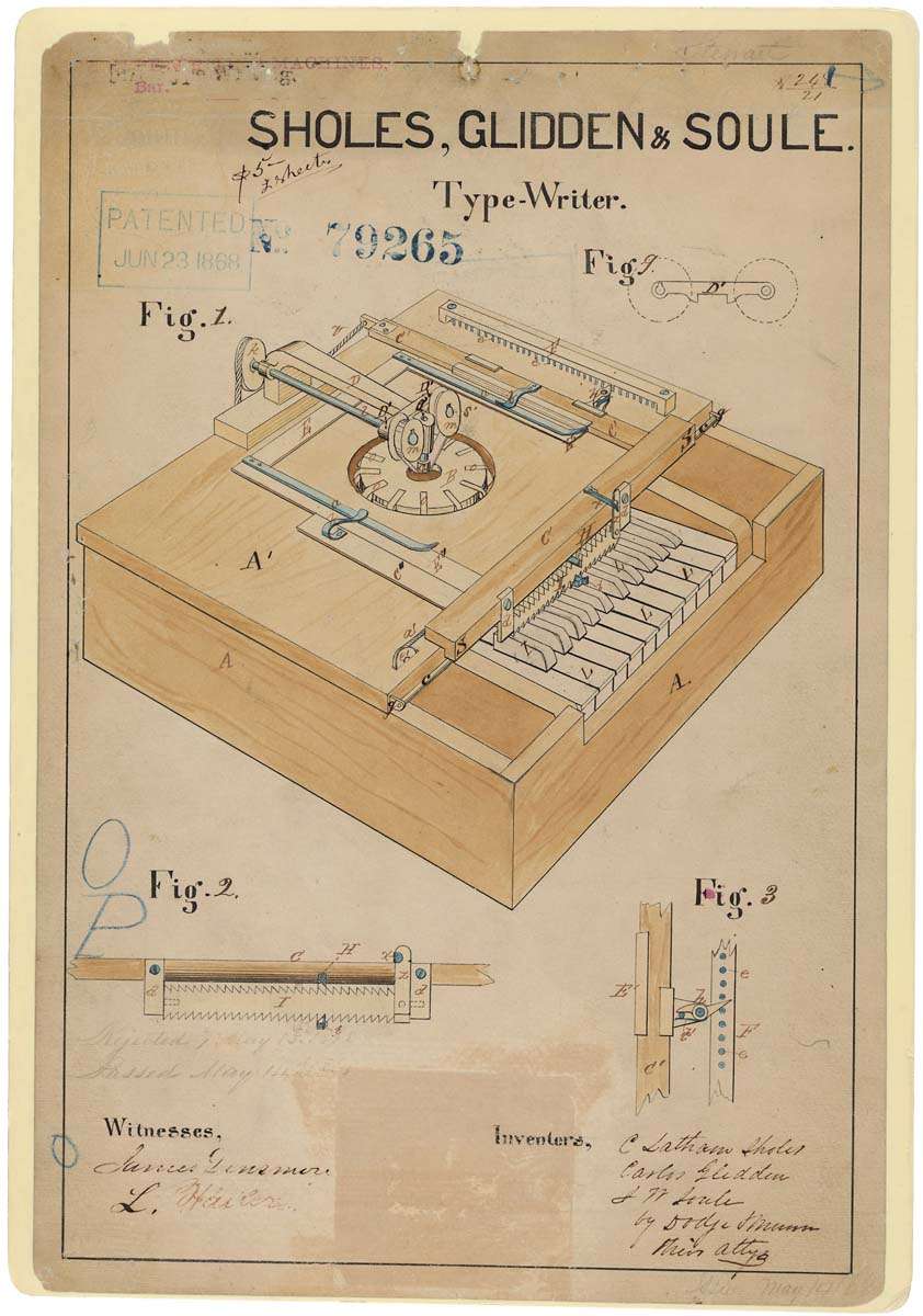 美国发明家 Christopher Latham Sholes 在 1868 年 6 月 23 日申请的打字机专利