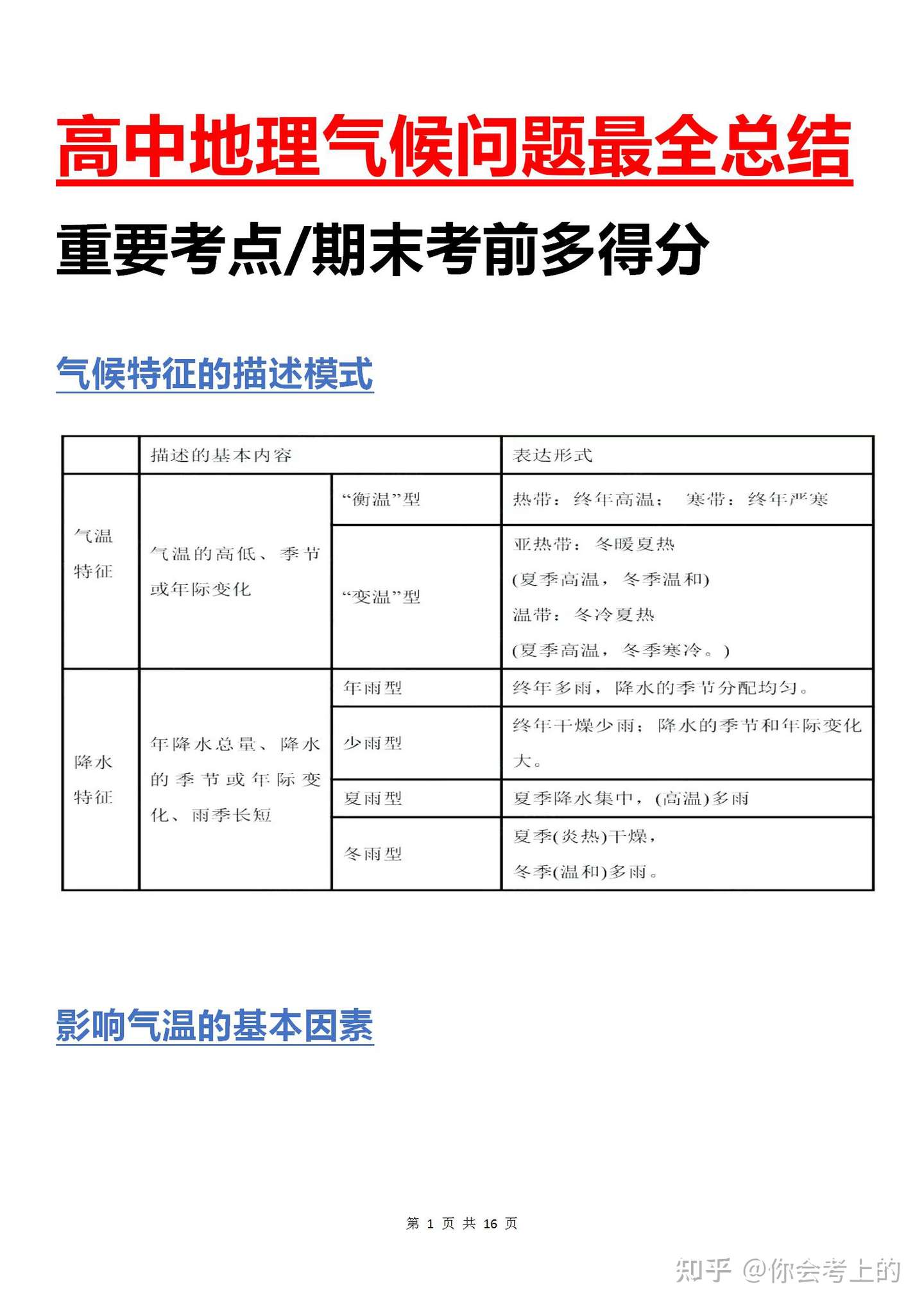 考前抢分 高中地理气候问题最全总结 期末考前多拿分 知乎