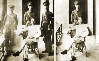 1924 年 6 月 16 日,黄埔军校成立时孙中山与蒋介石、何应钦与王柏龄合影; 后为凸显蒋之地位,何应钦与王柏龄被修去,变成右侧这张孙中山与蒋介石的合照,这张照片长期出现于民国课本之中 1924 年 6 月 16 日,黄埔军校成立时孙中山与蒋介石、何应钦与王柏龄合影; 后为凸显蒋之地位,何应钦与王柏龄被修去,变成右侧这张孙中山与蒋介石的合照,这张照片长期出现于民国课本之中