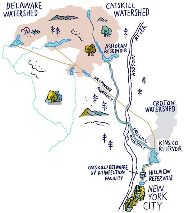 卡茨基尔(catskill)和德拉瓦尔(delaware)两个流域共提供纽约90%以上