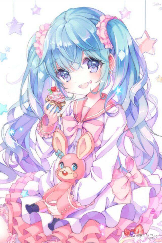 这位少女身着连衣裙,拿着一个美味的蛋糕,抱着粉色的兔子玩偶,扎着双