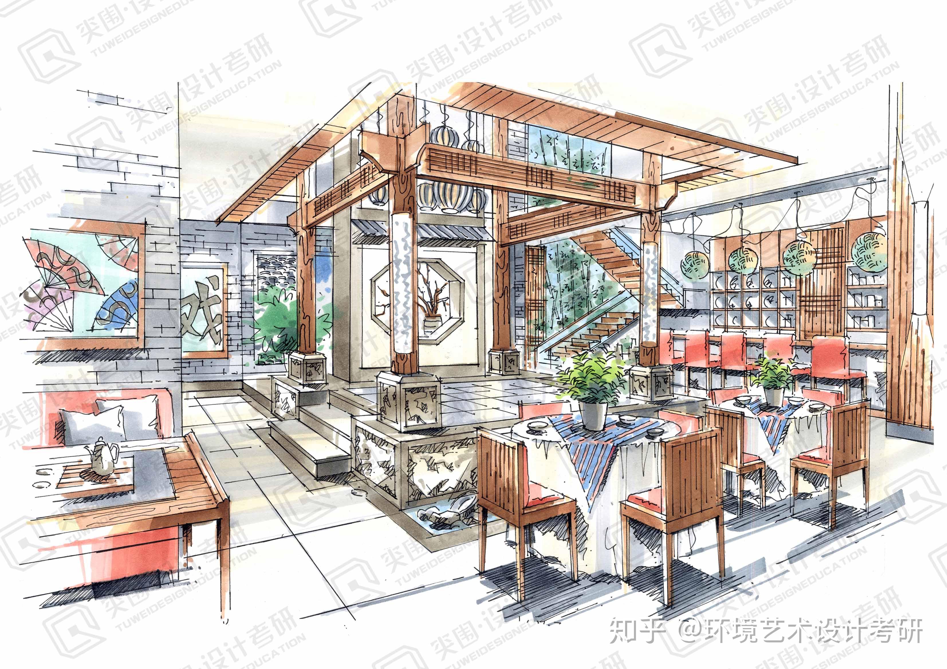 两点透视在水平线上左右各有一个消失点,表现出来的效果生动活泼,变化