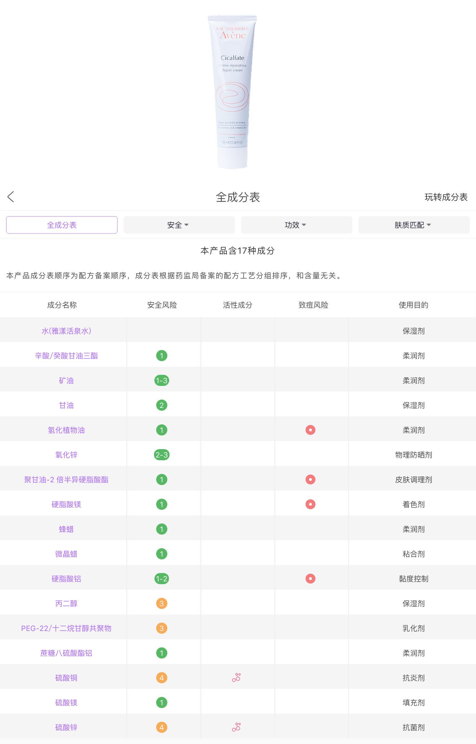 雅漾面霜成分表图片