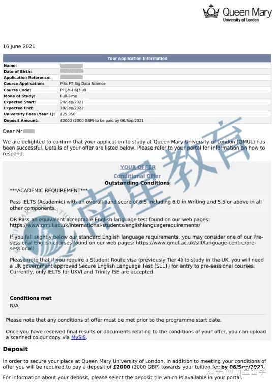 2021录取伦敦玛丽女王大学大数据科学硕士offer一枚