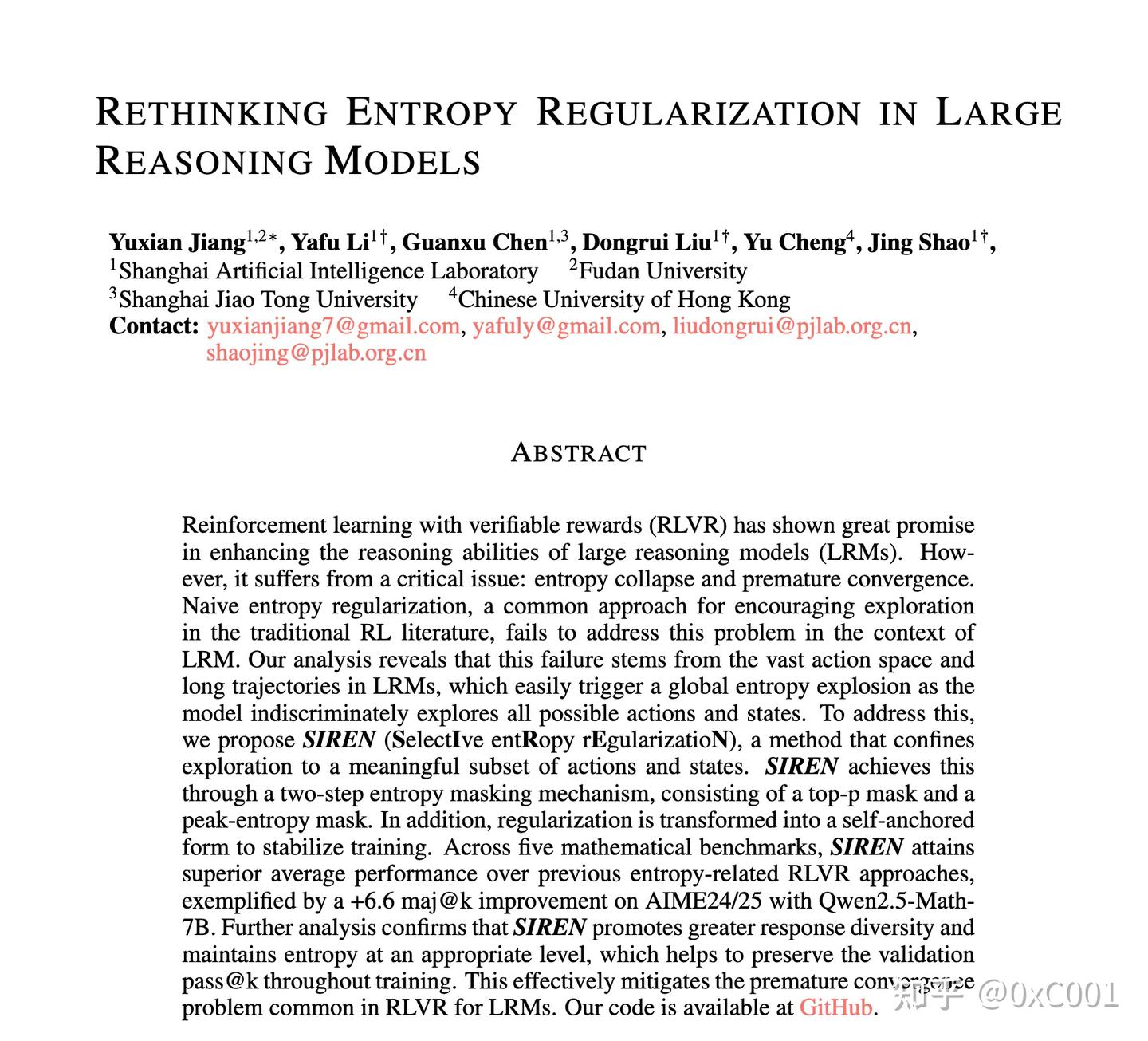 上海AI lab 提出SIREN：重新思考RLVR 中的熵正则- 知乎
