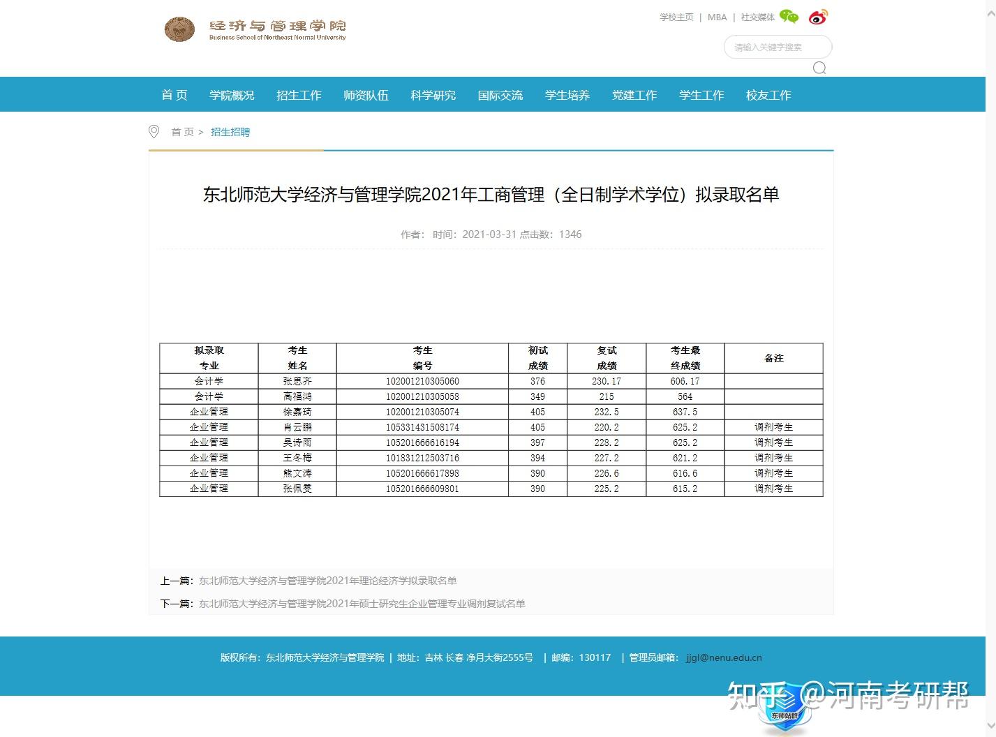 東北師範大學經濟學院2021研究生擬錄取名單