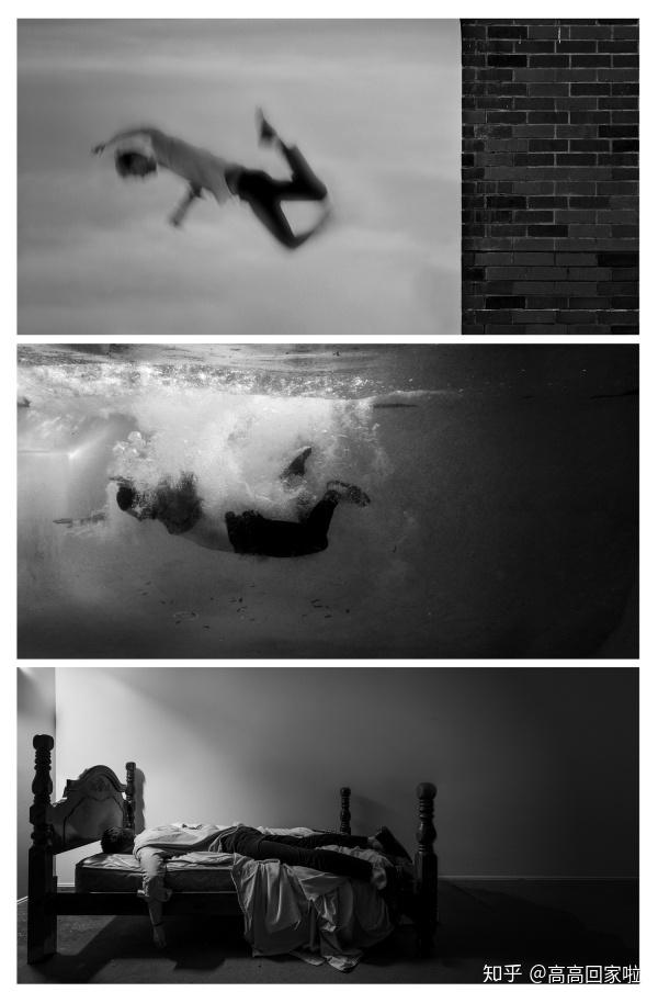 通过一组组照片将其内心的痛苦与挣扎一一展现,窒息感,失重感,无力感