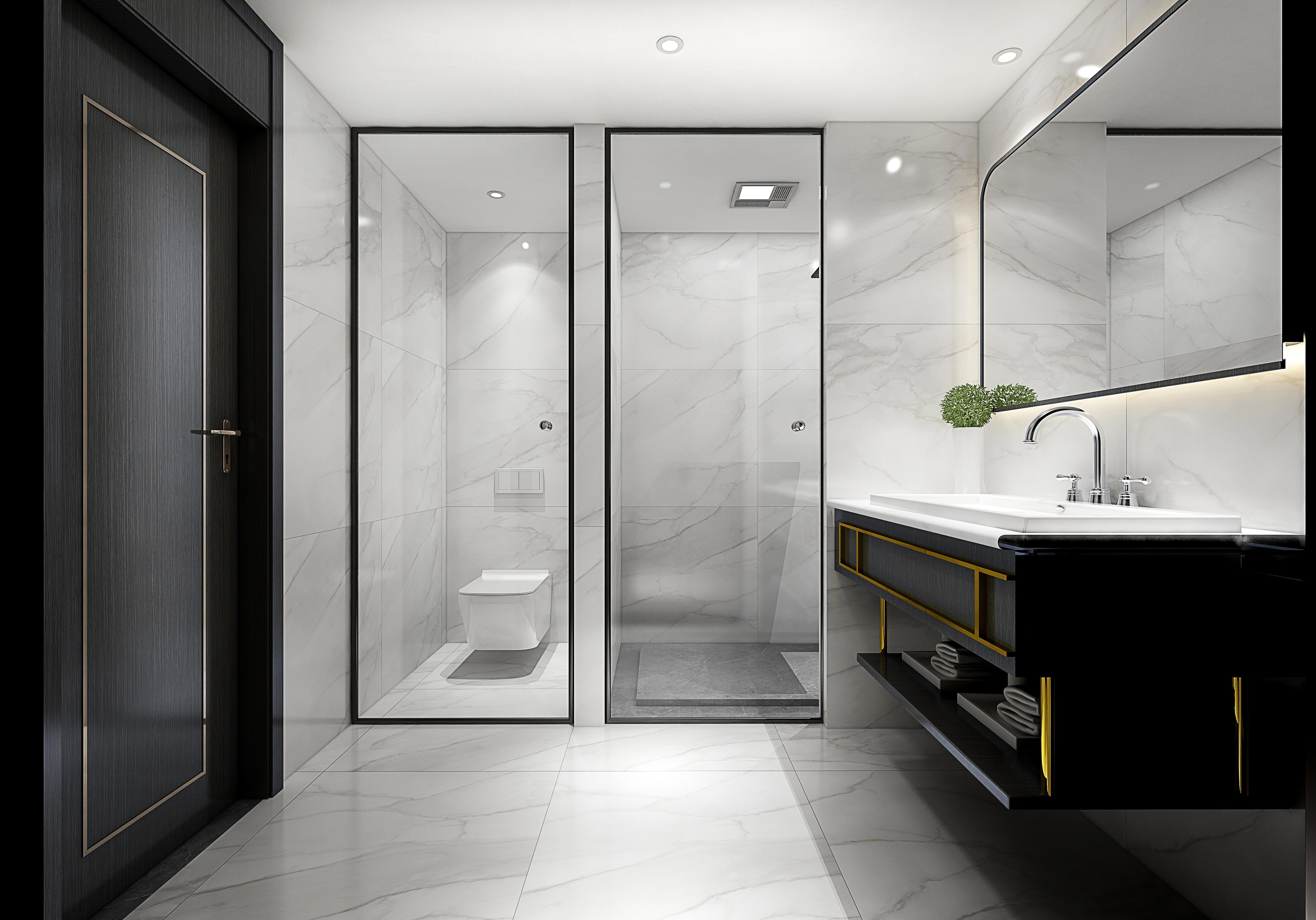 然后将厕所与浴室融为一体,中间设置透明的玻璃隔断,把干湿分离做到位