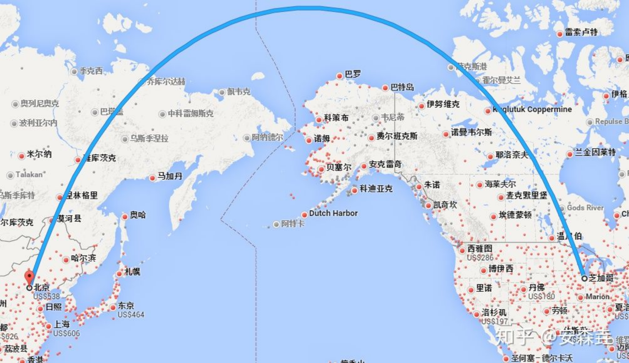图 1:北京到芝加哥的航线 图 1:北京到芝加哥的航线